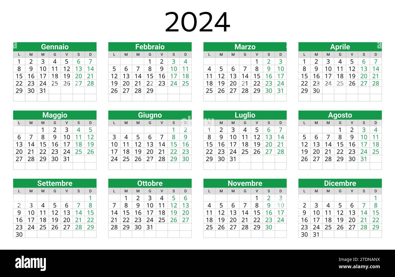 Calendario ITALIANO per il 2024. Illustrazione vettoriale stampabile e
