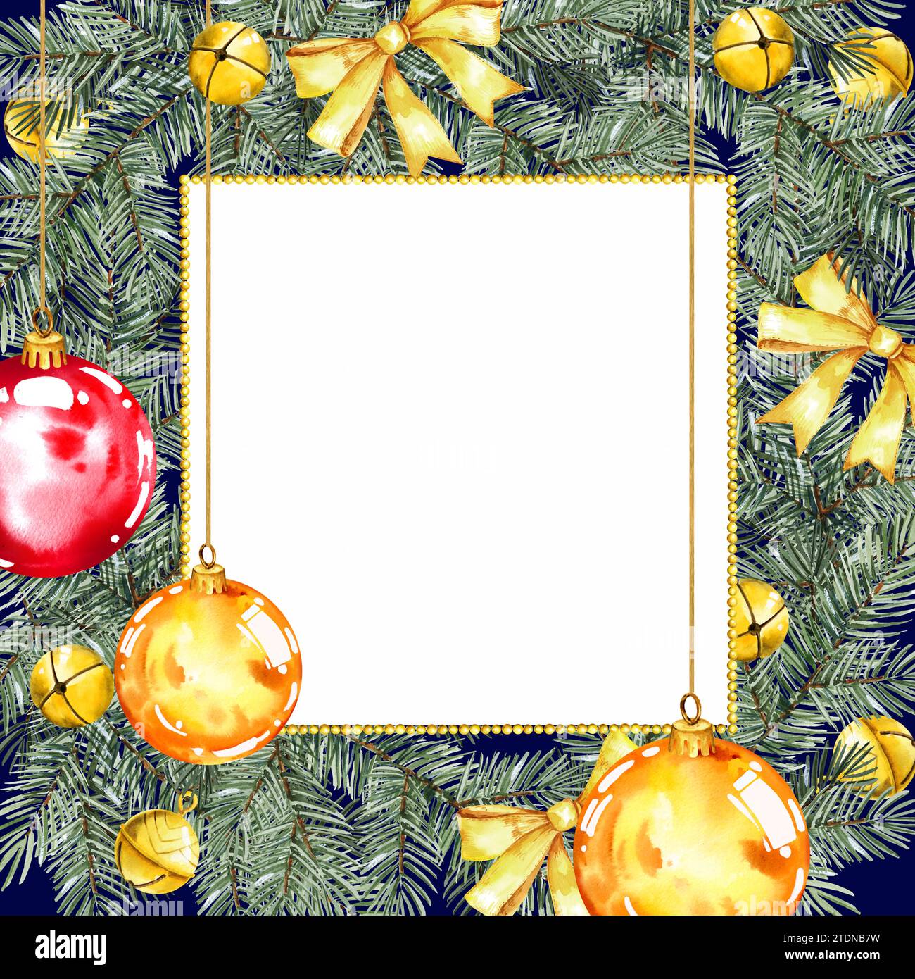 Cornice quadrata acquerello con albero di Natale con palle lucide, arco e ghirlanda di perle dorate, decorazione natalizia, schizzo di verde disegnato a mano Foto Stock