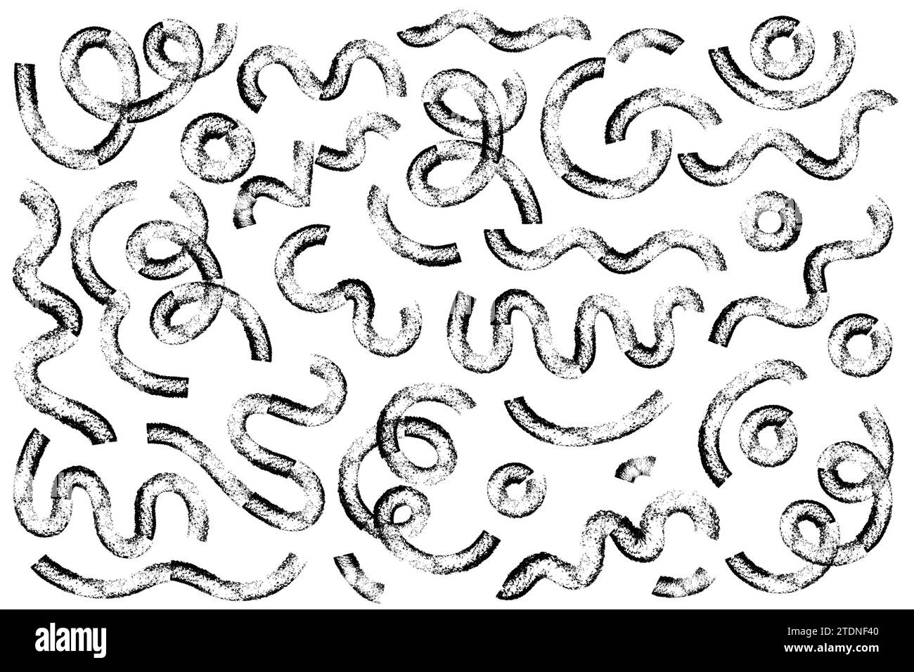 I tratti di pennello ondulati e ruotati dipingono un set vettoriale di linee curve disegnate a mano con effetto grunge. La caotica spazzola a inchiostro crea un effetto effetto texture. Disordinato doodl Illustrazione Vettoriale