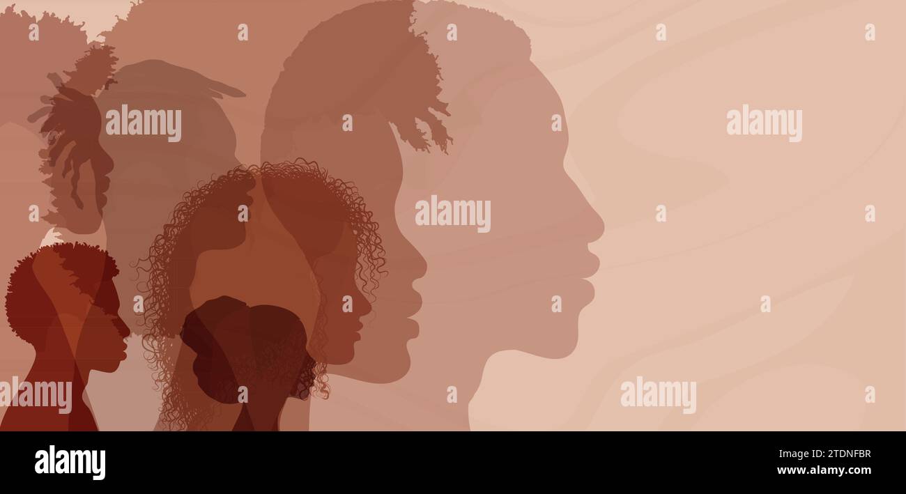 Profilo silhouette persone africane e afroamericane. Evento del mese della cronologia nera. Uomini e donne di gruppo etnico con pelle nera. Eguaglianza razziale.banner Illustrazione Vettoriale