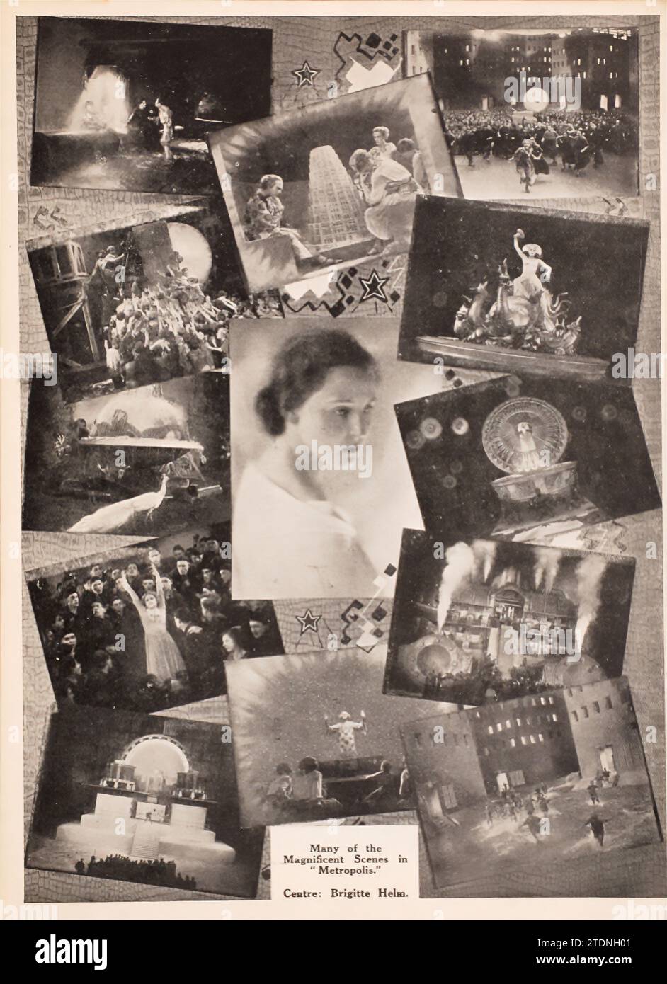 Brigitte Helm e scene del film Metropolis Metropolis è un film muto di fantascienza espressionista tedesco del 1927 diretto da Fritz Lang e scritto da Thea von Harbou in collaborazione con Lang dal romanzo omonimo di von Harbou del 1925 (che è stato intenzionalmente scritto come trattamento). Il film è interpretato da Gustav Fröhlich, Alfred Abel, Rudolf Klein-Rogge e Brigitte Helm. Erich Pommer lo ha prodotto nei Babelsberg Studios per Universum Film A.G. (UFA). Il film muto è considerato un pionieristico film di fantascienza, essendo tra i primi lungometraggi di quel genere. Le riprese hanno preso plac Foto Stock