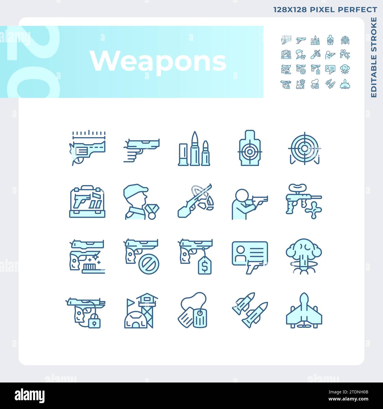 Icone di armi blu perfette pixel personalizzabili 2D. Illustrazione Vettoriale