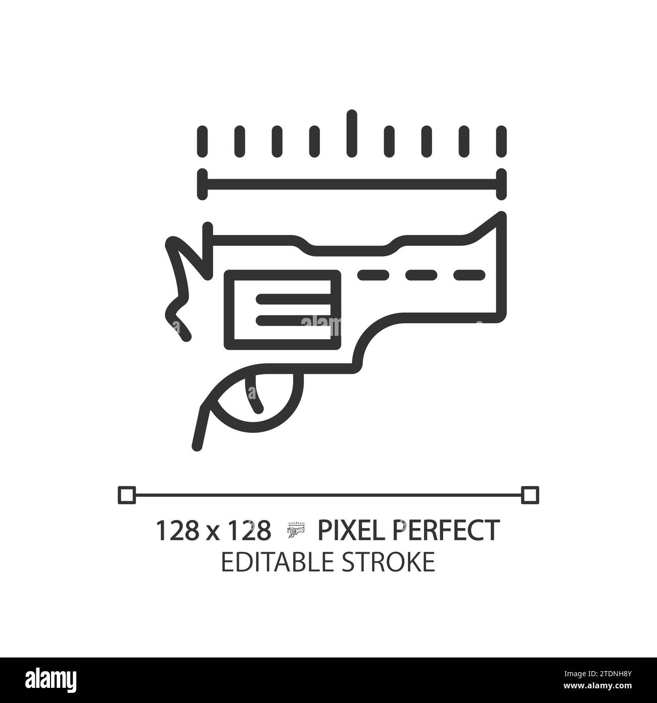 Icona di lunghezza del cilindro nero Perfect Simple pixel a linea sottile 2D. Illustrazione Vettoriale