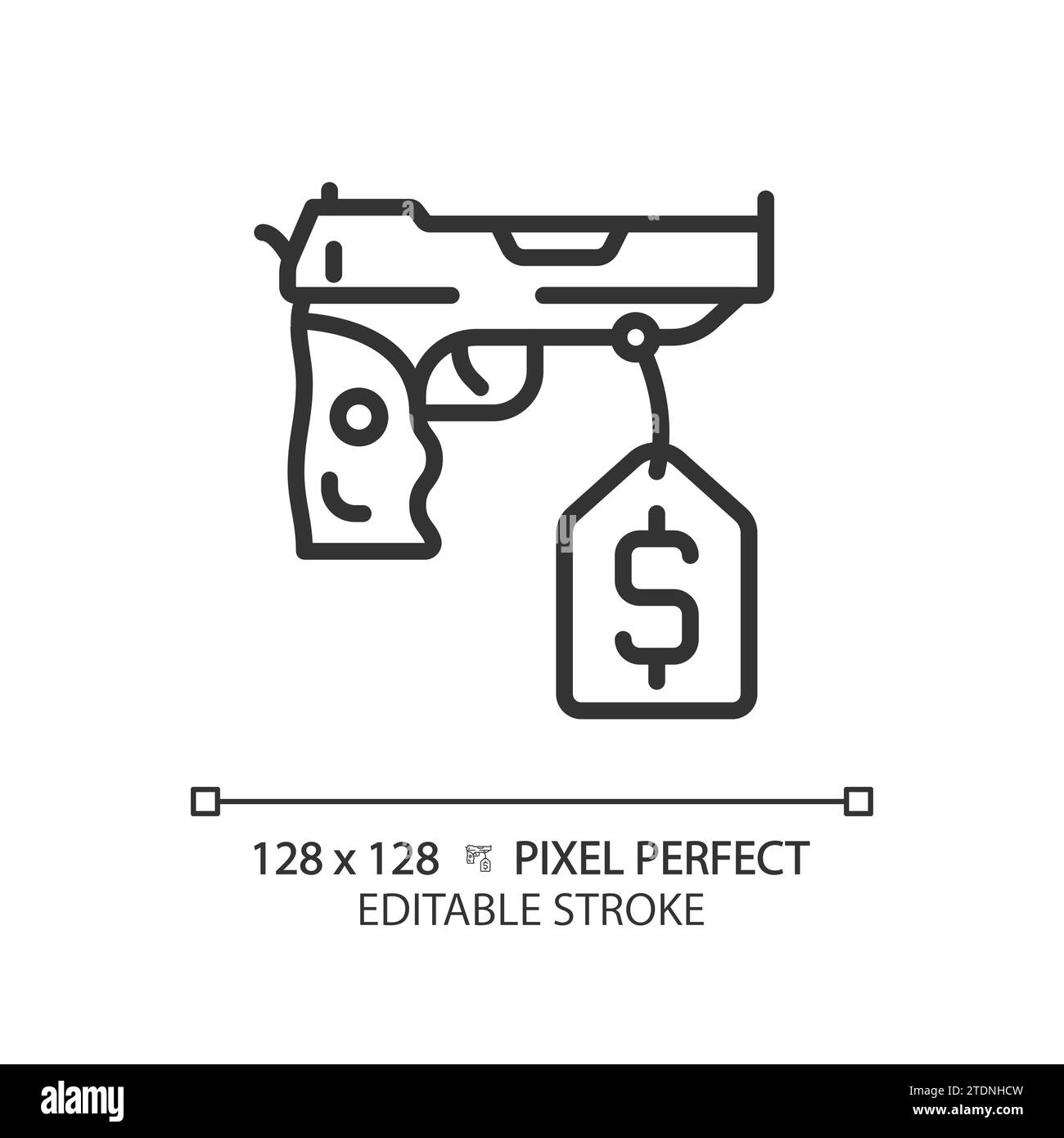 2D pixel linea sottile Perfect semplice icona acquista pistola nera Illustrazione Vettoriale