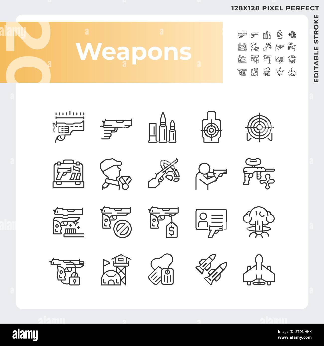 Icone delle armi nere con perfezionamento pixel personalizzabili 2D. Illustrazione Vettoriale