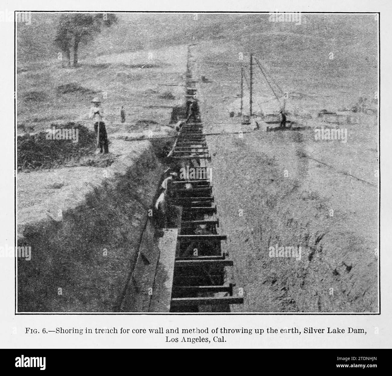 Puntellamento in trincea per il muro centrale e metodo di gettare la terra, Silver Lake Dam, Los Angeles, California dal libro ' The storage of water for irrigation purposes' di Fortier, Samuel; Bixby, F. L; Stati Uniti. Ufficio delle stazioni sperimentali; Stati Uniti. Dipartimento dell'Agricoltura Foto Stock