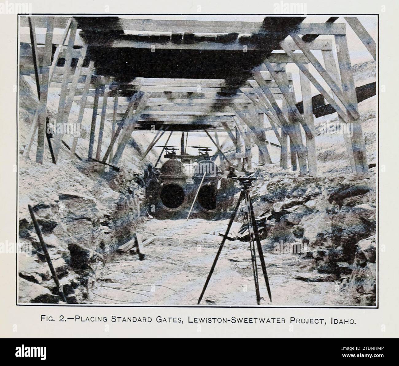 Posizionando cancelli standard, Lewiston Sweetwater project, Idaho dal libro " The storage of water for irrigation purposes " di Fortier, Samuel; Bixby, F. L; Stati Uniti. Ufficio delle stazioni sperimentali; Stati Uniti. Dipartimento dell'Agricoltura Foto Stock