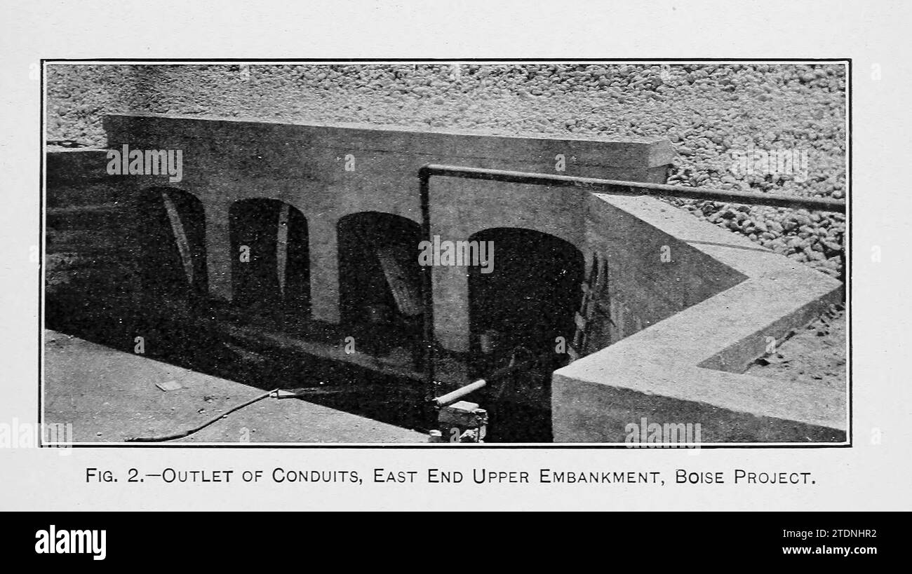 Uscita dei condotti, East end Upper Embankment, progetto Boise dal libro ' The Storage of water for irrigation purposes' di Fortier, Samuel; Bixby, F. L; Stati Uniti. Ufficio delle stazioni sperimentali; Stati Uniti. Dipartimento dell'Agricoltura Foto Stock