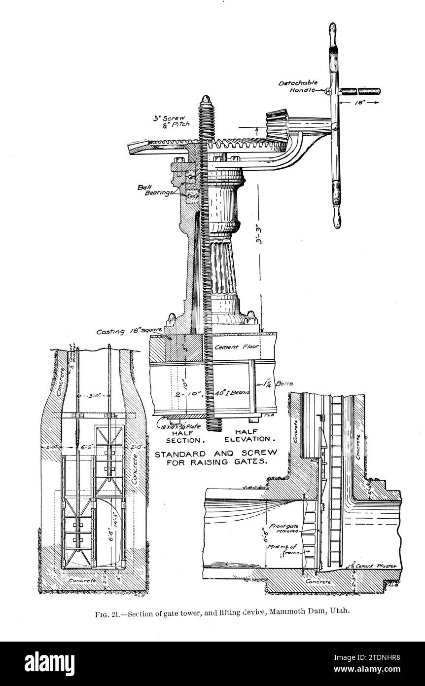 Sezione della torre del cancello, e dispositivo di sollevamento, Mammoth Dam, Utah dal libro ' The storage of water for irrigation Purpose ' di Fortier, Samuel; Bixby, F. L; Stati Uniti. Ufficio delle stazioni sperimentali; Stati Uniti. Dipartimento dell'Agricoltura Foto Stock