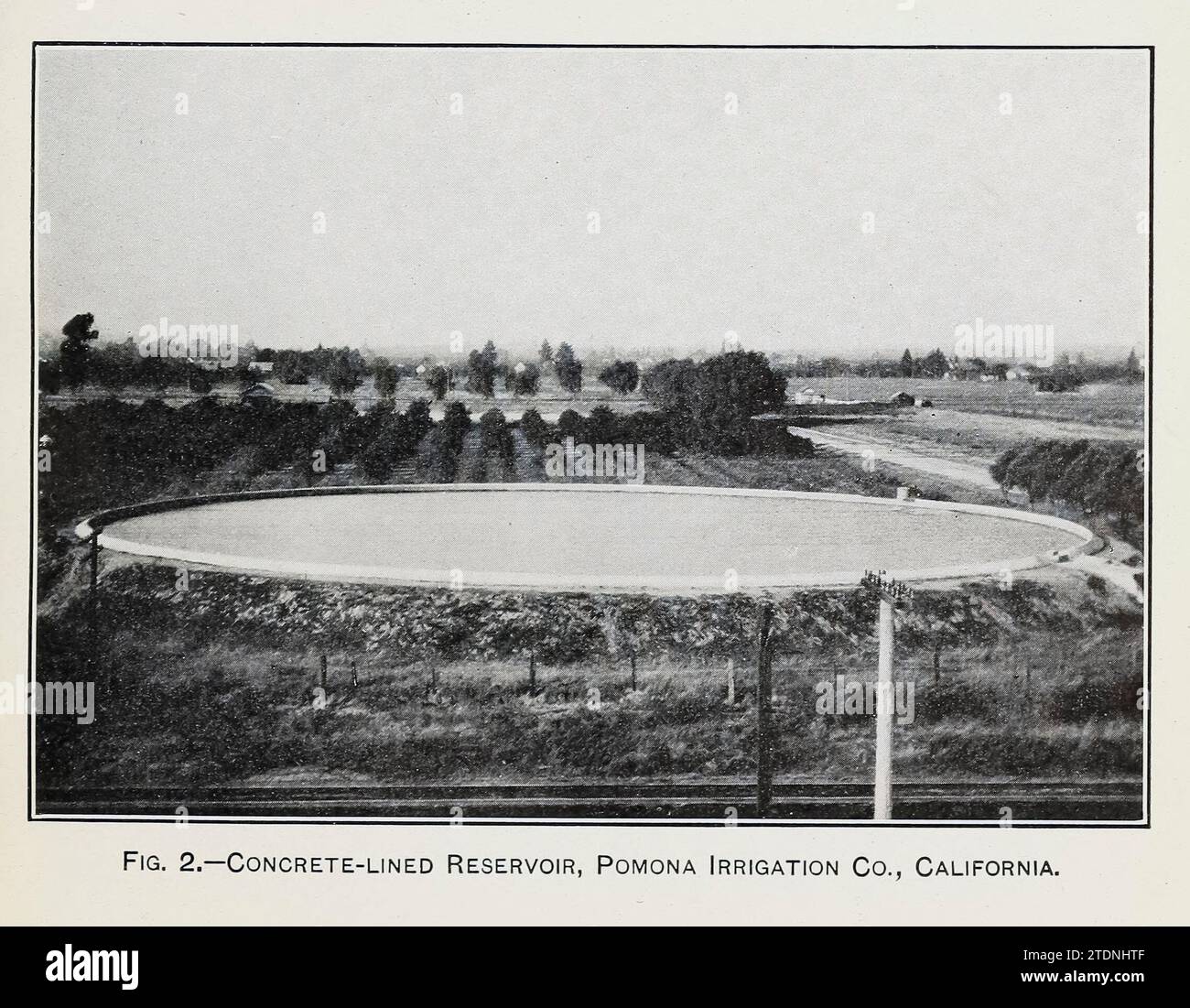 Bacino idrico rivestito in cemento, Pomona Irrigation Co., California dal libro ' The Storage of water for irrigation Purpose ' di Fortier, Samuel; Bixby, F. L; United States. Ufficio delle stazioni sperimentali; Stati Uniti. Dipartimento dell'Agricoltura Foto Stock