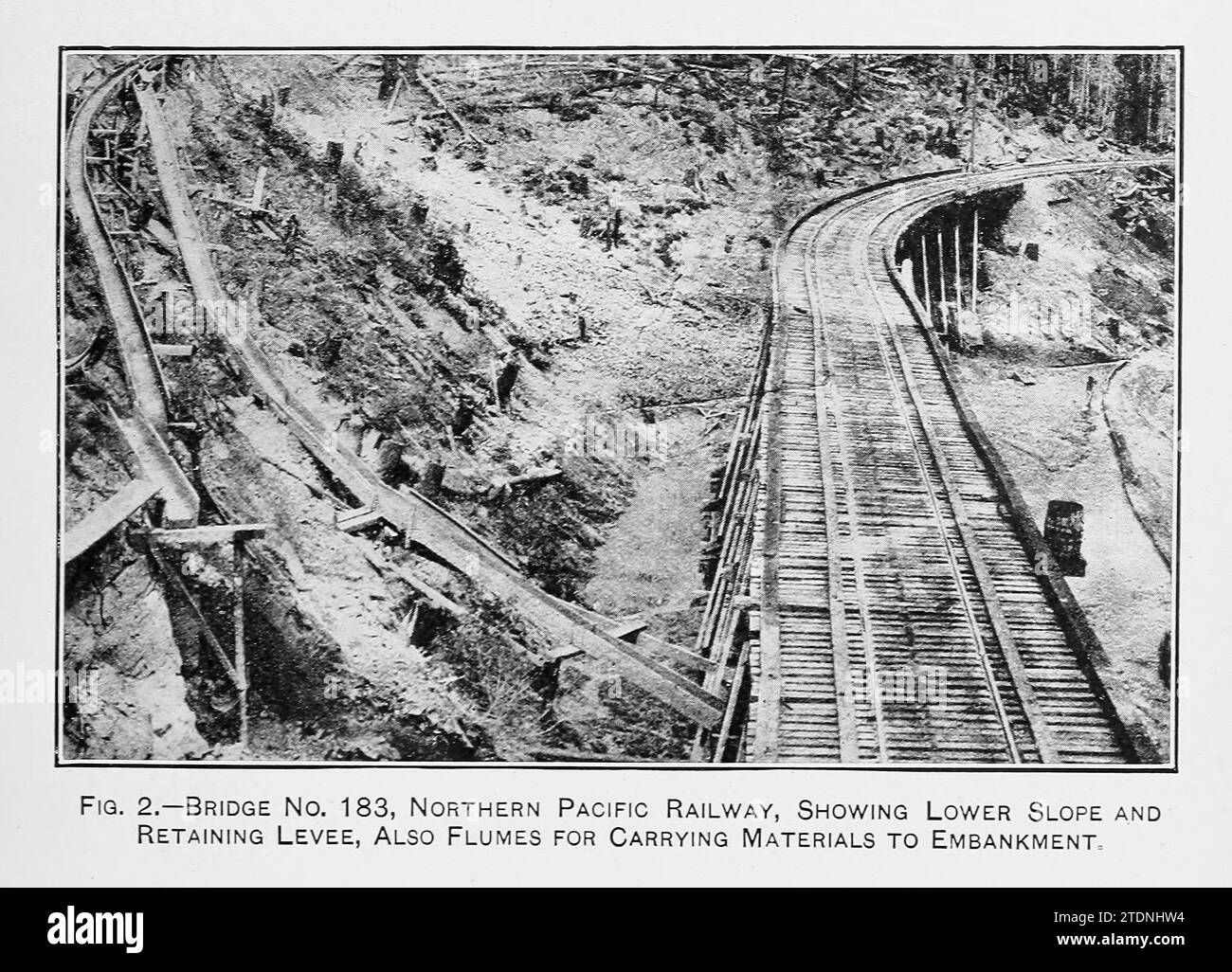 Bridge No. 183, Northern Pacific Railway, che mostra una pendenza inferiore e un argine di contenimento, fluisce anche per il trasporto di materiali sull'argine dal libro ' The Storage of water for irrigation purposes' di Fortier, Samuel; Bixby, F. L; Stati Uniti. Ufficio delle stazioni sperimentali; Stati Uniti. Dipartimento dell'Agricoltura Foto Stock