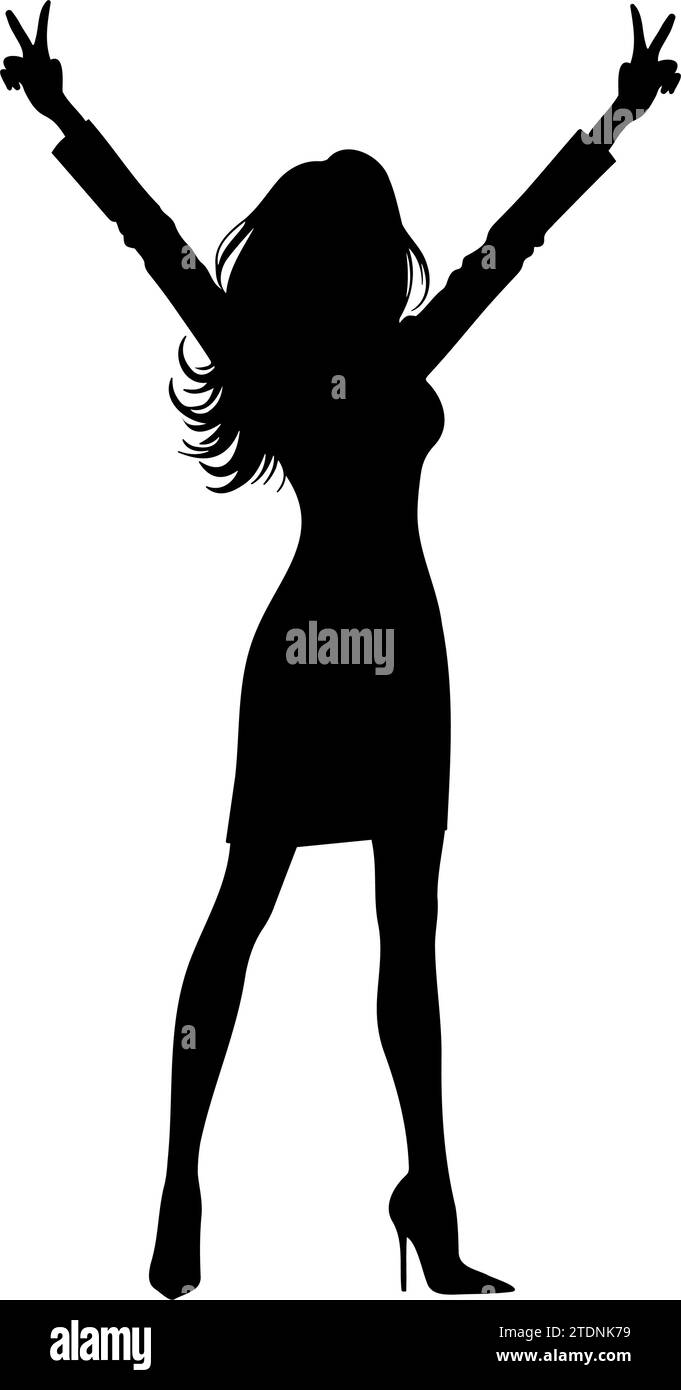 La silhouette di una donna celebra con le mani alzate. Gesto di vittoria. illustrazione vettoriale Illustrazione Vettoriale