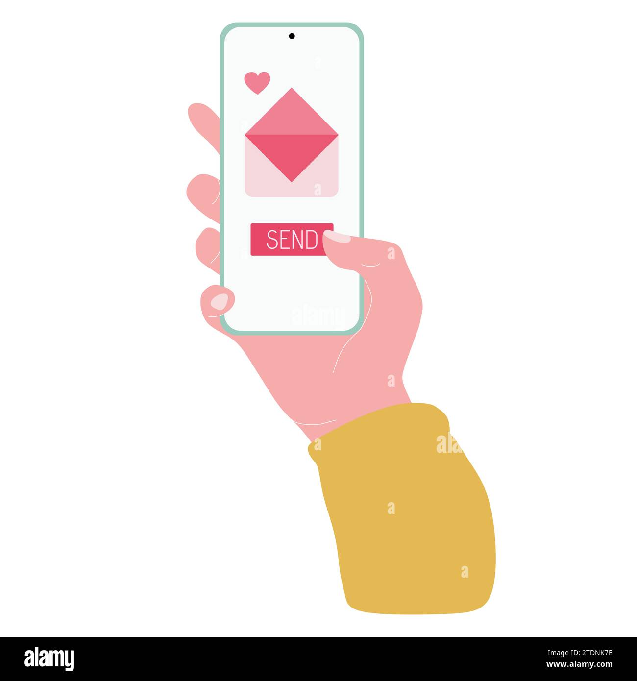 Smartphone femminile che tiene la mano con messaggio d'amore, posta romantica. Busta con cuori sullo schermo del telefono e pulsante Invia. Illustrazione vettoriale disegnata a mano Illustrazione Vettoriale