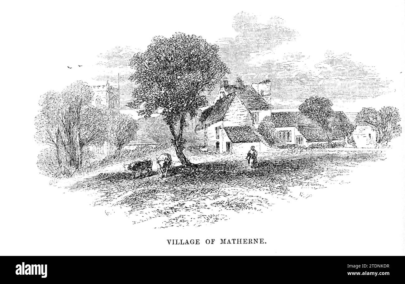 Villaggio di Matherne dal libro la valle del Severn: Una serie di bozzetti, descrittivi e pittorici, del corso del Severn: Contenenti avvisi delle sue caratteristiche topografiche, industriali e geologiche; con sguardi alle sue associazioni storiche e leggendarie di Randall, John, 1810-1910 data di pubblicazione 1862 Editore J. S. Virtue Foto Stock