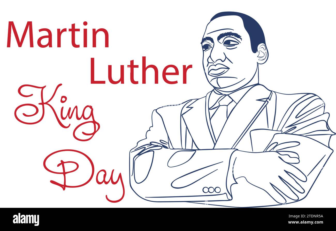 Martin Luther King Jr. Design del biglietto d'auguri diurno. Frase ispiratrice MLK Day Lettering, sfondo bandiera USA. Illustrazione Vettoriale