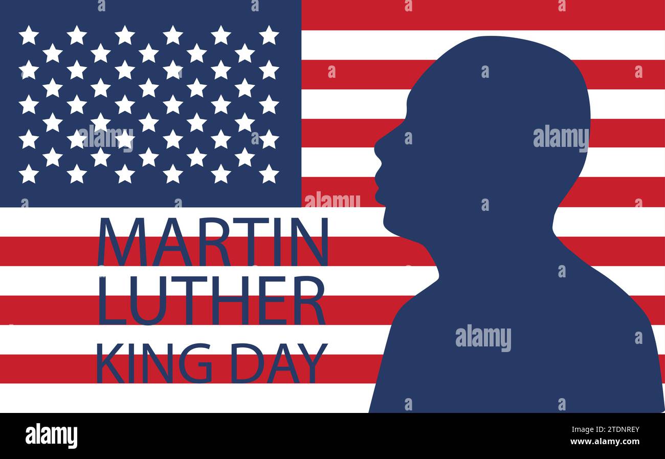 Martin Luther King Jr. Design del biglietto d'auguri diurno. Frase ispiratrice MLK Day Lettering, sfondo bandiera USA. Illustrazione Vettoriale