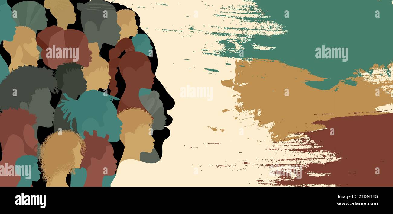 Silhouette testa di uomo nero contenente molte teste di africani e afro-americani.mese della storia nera.gruppo etnico nero.uguaglianza razziale Illustrazione Vettoriale