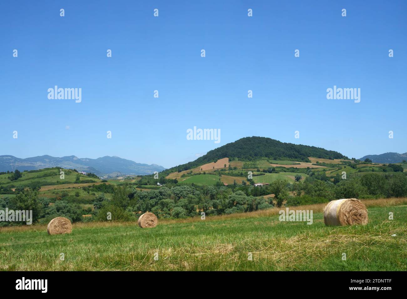 Paesaggio rurale in Abruzzo vicino Castel di Sangro, provincia di L Aquila, Italia, in estate Foto Stock