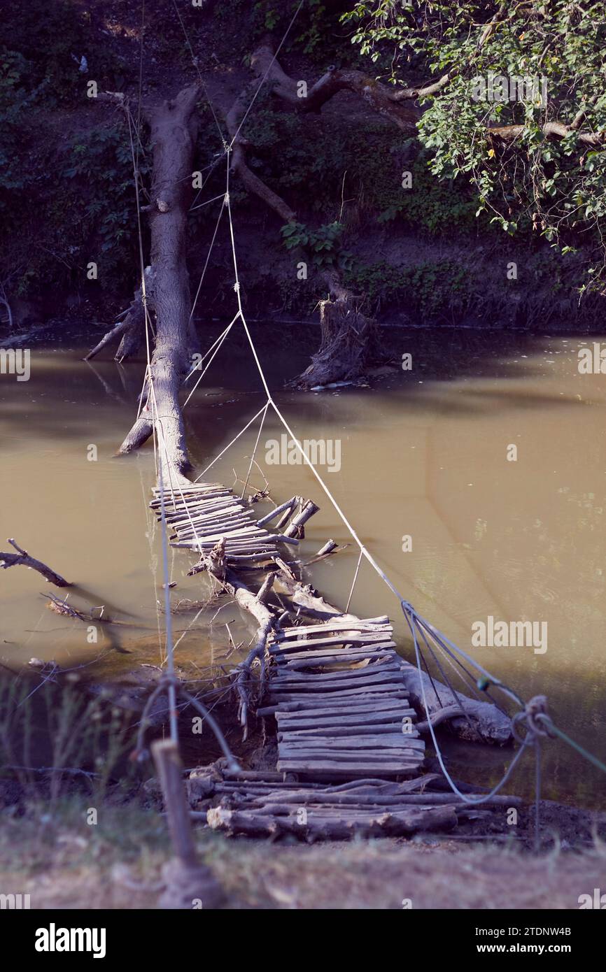 Un ponte di legno fatto in casa costruito sopra un fiume con ringhiere fatte di corde. Assi inchiodati alla base del tronco dell'albero caduto in acqua Foto Stock