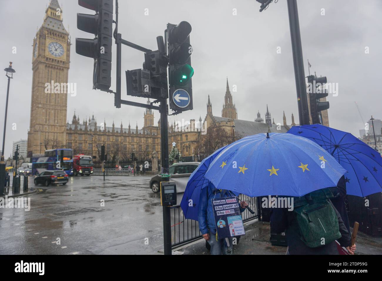 Londra, Regno Unito. 19 dicembre 2023. Meteo del Regno Unito - i manifestanti pro-UE sfidano il maltempo. Crediti: Uwe Deffner/Alamy Live News Foto Stock