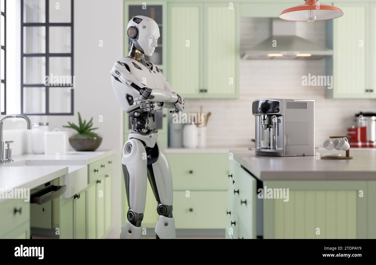 Assistente robot che cucina il caffè in cucina. illustrazione 3d. Foto Stock