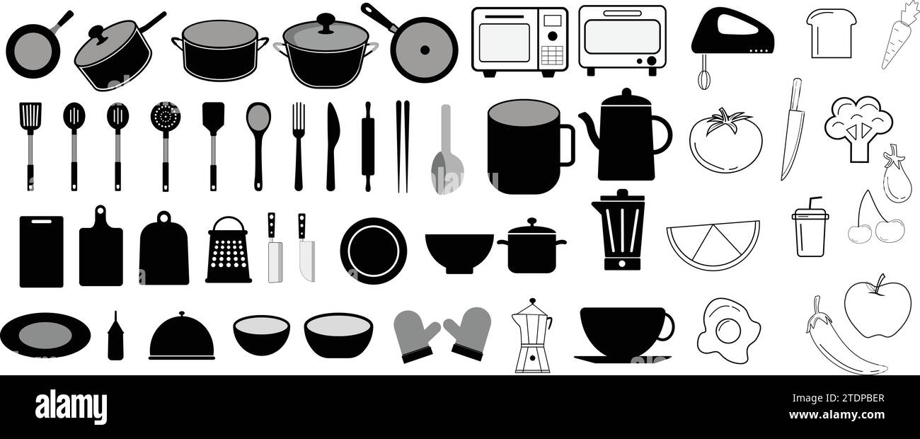 Icona della cucina design vettoriale, concetto di disposizione della cucina impostato con colorato percorso aperto cucina vettoriale modificabile , immagine, titolo, cucina, design, cucinare Illustrazione Vettoriale