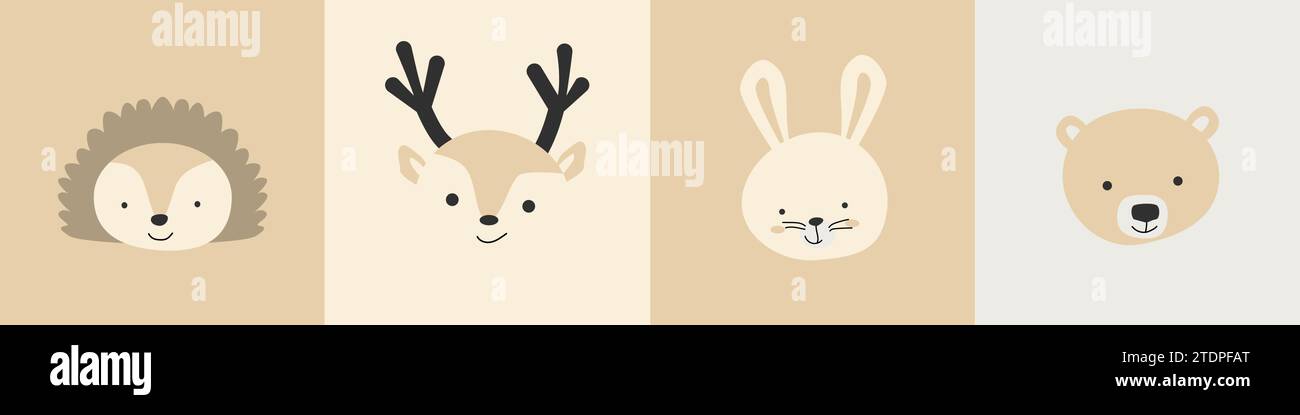graziosi ritratti di animali nel bosco. Illustrazione vettoriale in stile piatto. Simpatici volti animali possono essere utilizzati per stampe, poster, tessuti per vivai, vestiti. Colori marrone pastello. Illustrazione Vettoriale