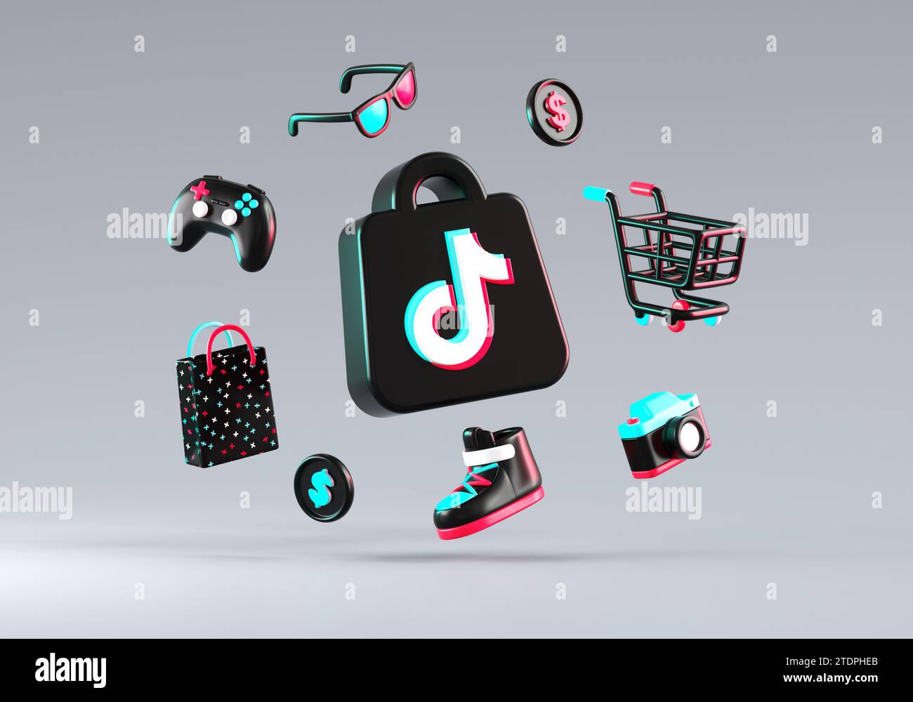 Valencia, Spagna - dicembre 2023: Icona del negozio TikTok con alcuni articoli per lo shopping che fluttuano in rendering 3D. Tik tok shop è un e-commerce integrato in Tik Foto Stock