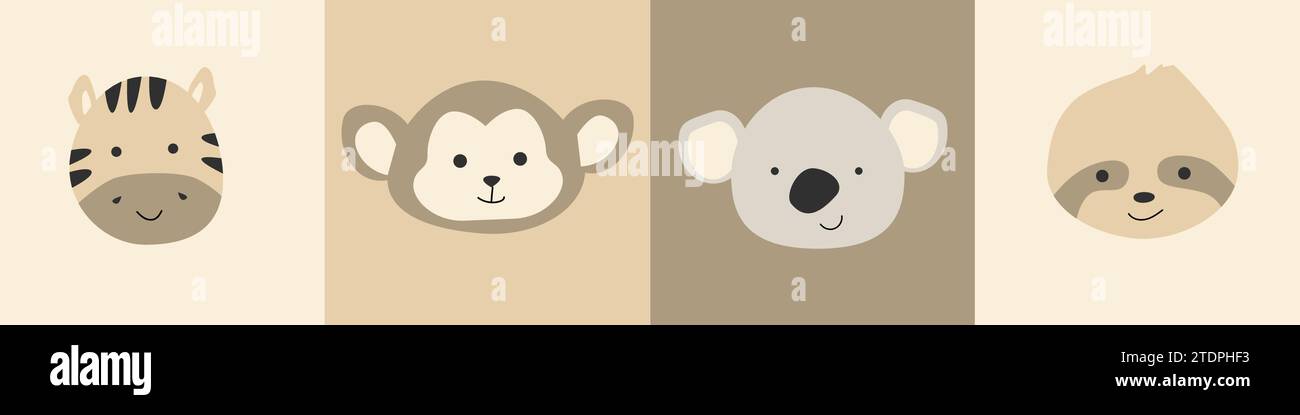 Simpatici animali da safari per bambini con illustrazione vettoriale. Il set include zebra, scimmia, bradipo, koala. L'illustrazione vettoriale può essere utilizzata per la stampa di asili, abiti, cartoline, cartoline e avatar. Illustrazione Vettoriale