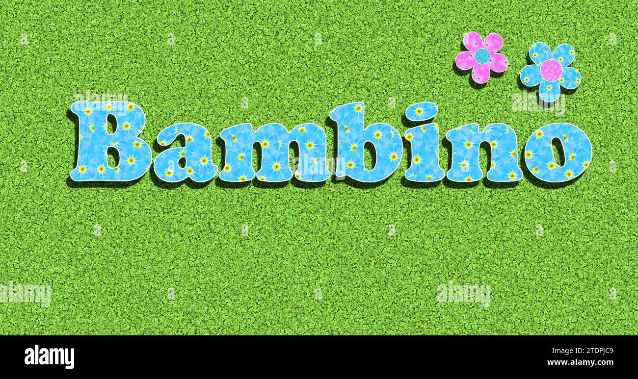 La parola italiana bambino, ragazzo, scritta con fiori azzurri, colore bambino, su sfondo verde, per bambino Foto Stock