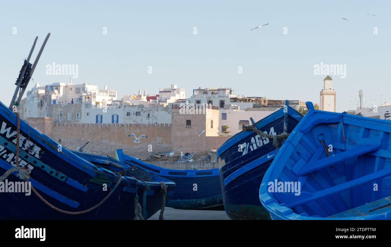 Barche da pesca blu e gabbiani con la medina alle spalle nella città di Essaouira, in Marocco. 19 dicembre 2023 Foto Stock
