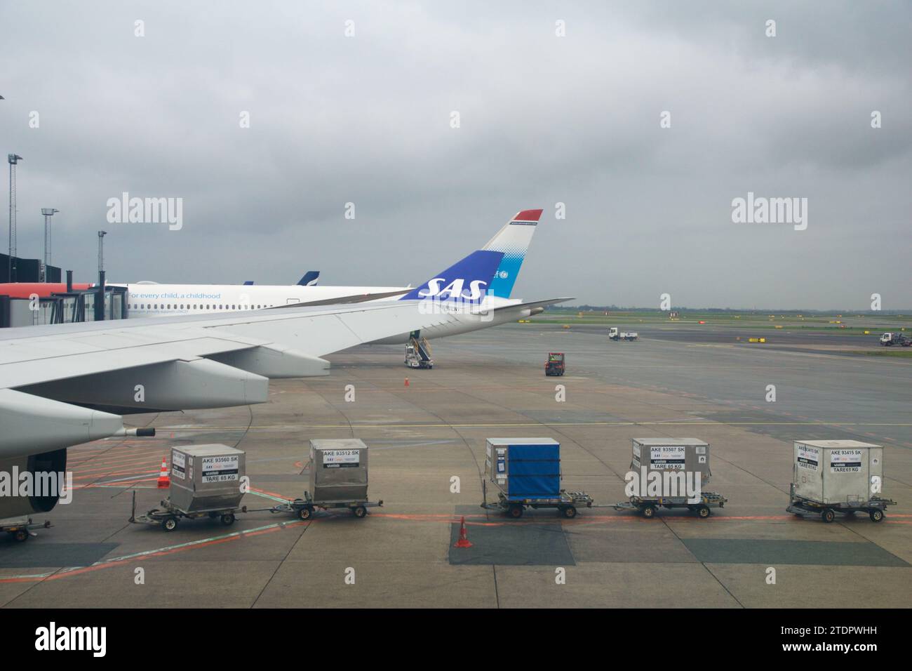 COPENAGHEN, DANIMARCA - 24 novembre 2018: Vista dall'area di imbarco dell'aereo al cancello con vista dell'ala da Economy Class su un volo a lungo raggio Foto Stock