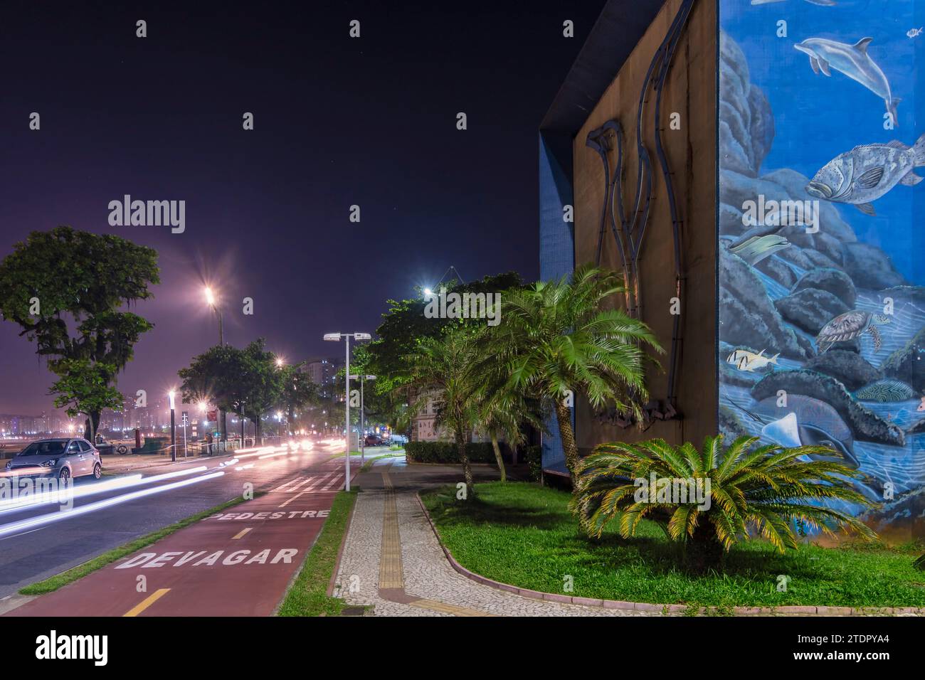 Santos, Brasile. Facciata parziale dell'Acquario, pista ciclabile e viale sul lungomare di notte. Semafori per auto. Foto Stock