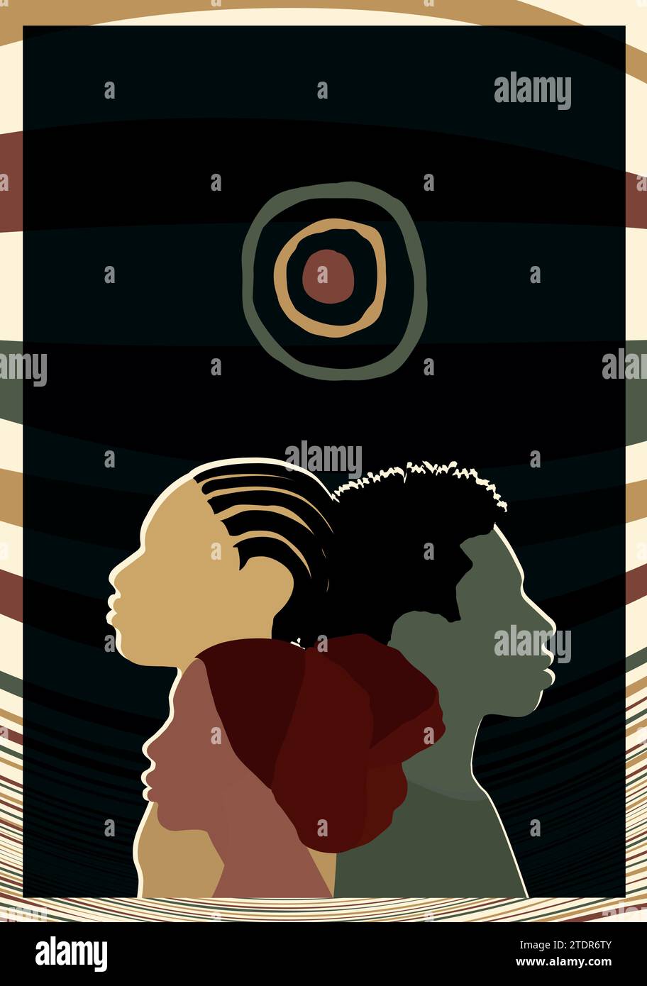 Profilo silhouette persone africane e afroamericane. Black History Month Event.gruppo etnico nero uomo e donna. Uguaglianza razziale - giustizia. Poster Illustrazione Vettoriale