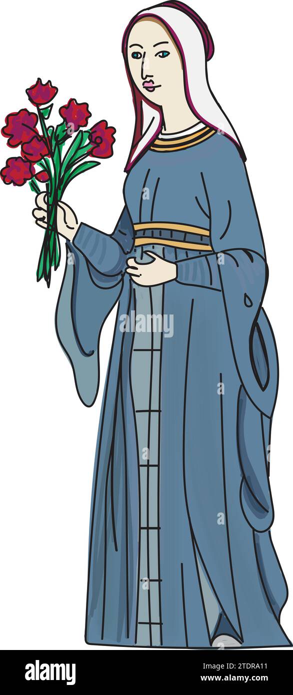 Illustrazione di una donna medievale in abito blu e hennin bianco con un bouquet di rose rosse Illustrazione Vettoriale