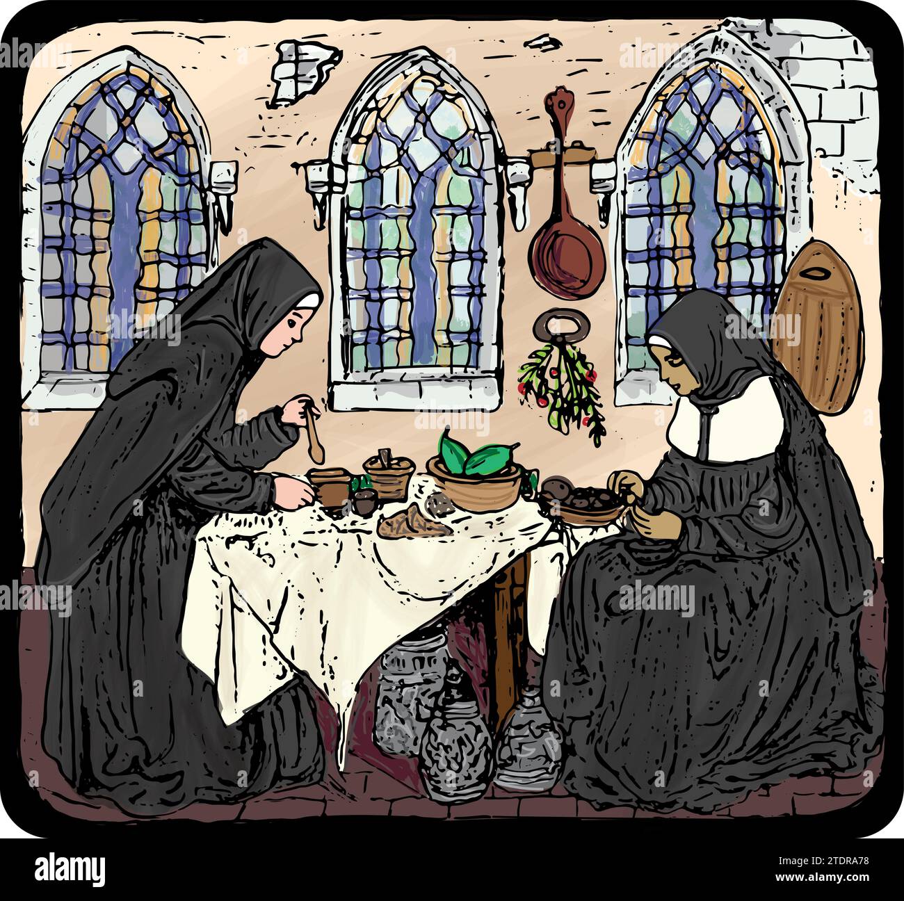 Illustrazione di due suore cattoliche medievali che preparano il cibo nella cucina dell'abbazia del castello, con vetrate colorate dietro Illustrazione Vettoriale