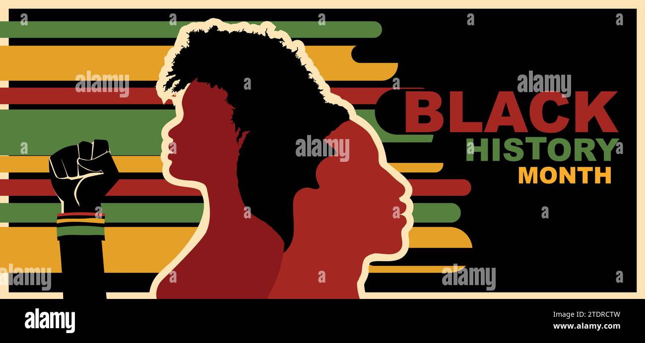 Evento del mese della cronologia nera. Profilo silhouette persone africane e afroamericane. Gruppo etnico nero uomo e donna. Eguaglianza razziale con pugno alzato Illustrazione Vettoriale