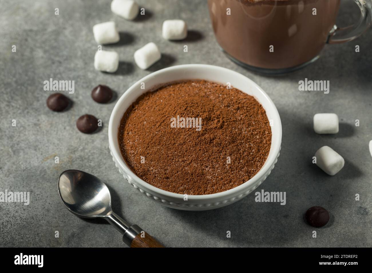 Miscela di cioccolato in polvere di cacao caldo biologico secco in una ciotola Foto Stock