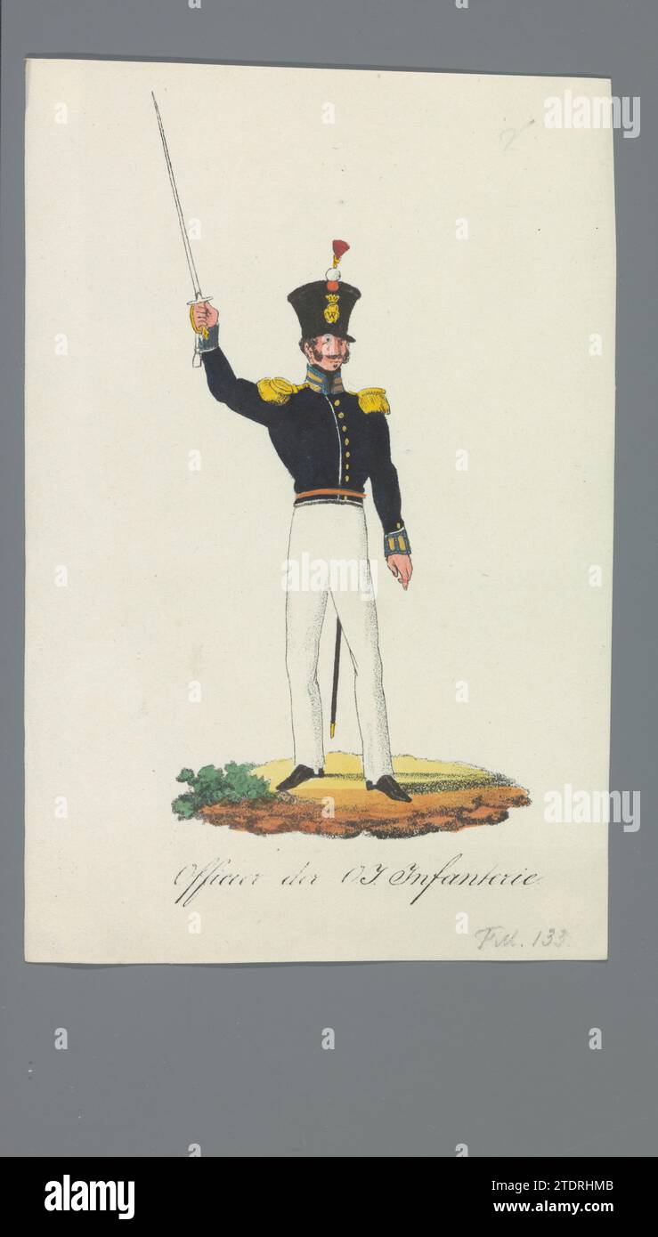 Ufficiale di Fanteria O.I., 1835 - 1850 un ufficiale della Fanteria delle Indie Orientali, dell'Esercito reale olandese-Indiano, a piedi. Parte di una serie di 157 riviste individuali con uniformi militari olandesi negli anni 1830-1832. Tipografia: Netherlandsprinter: Carta di Utrecht un ufficiale della fanteria delle Indie Orientali, il Royal Dutch-Indian Army, a piedi. Parte di una serie di 157 riviste individuali con uniformi militari olandesi negli anni 1830-1832. Stampatore: Netherlandsprinter: Carta Utrecht Foto Stock