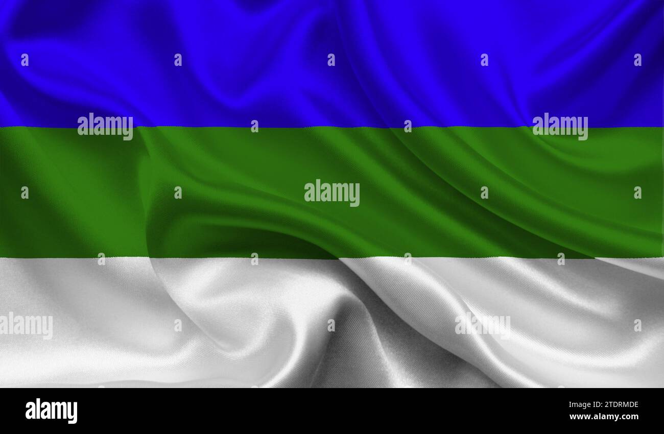 Alta bandiera dettagliata di Komi. Bandiera nazionale Komi. Illustrazione 3D. Foto Stock