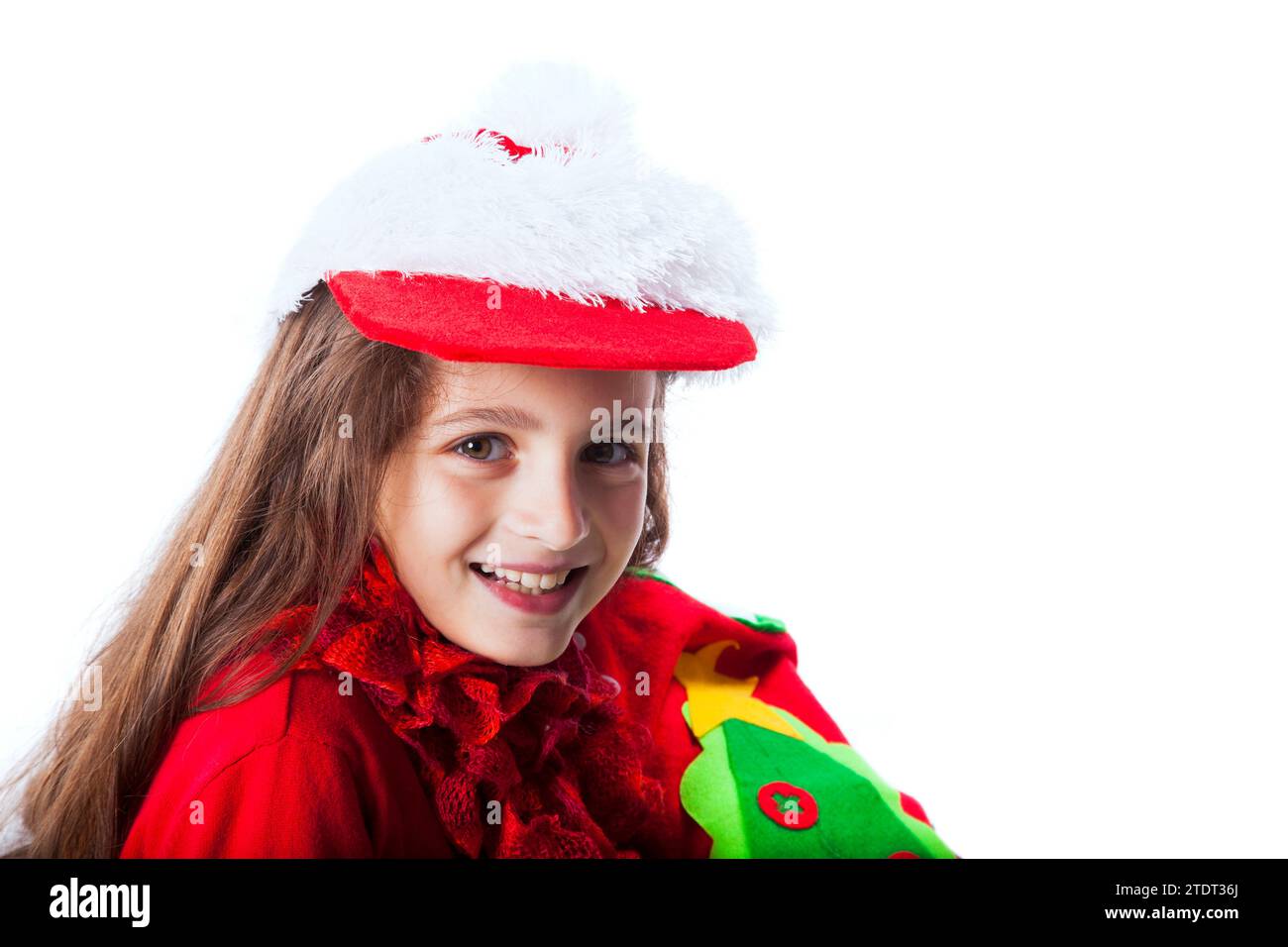 Ragazza litte con un cappello di babbo natale isolato su bianco Foto Stock