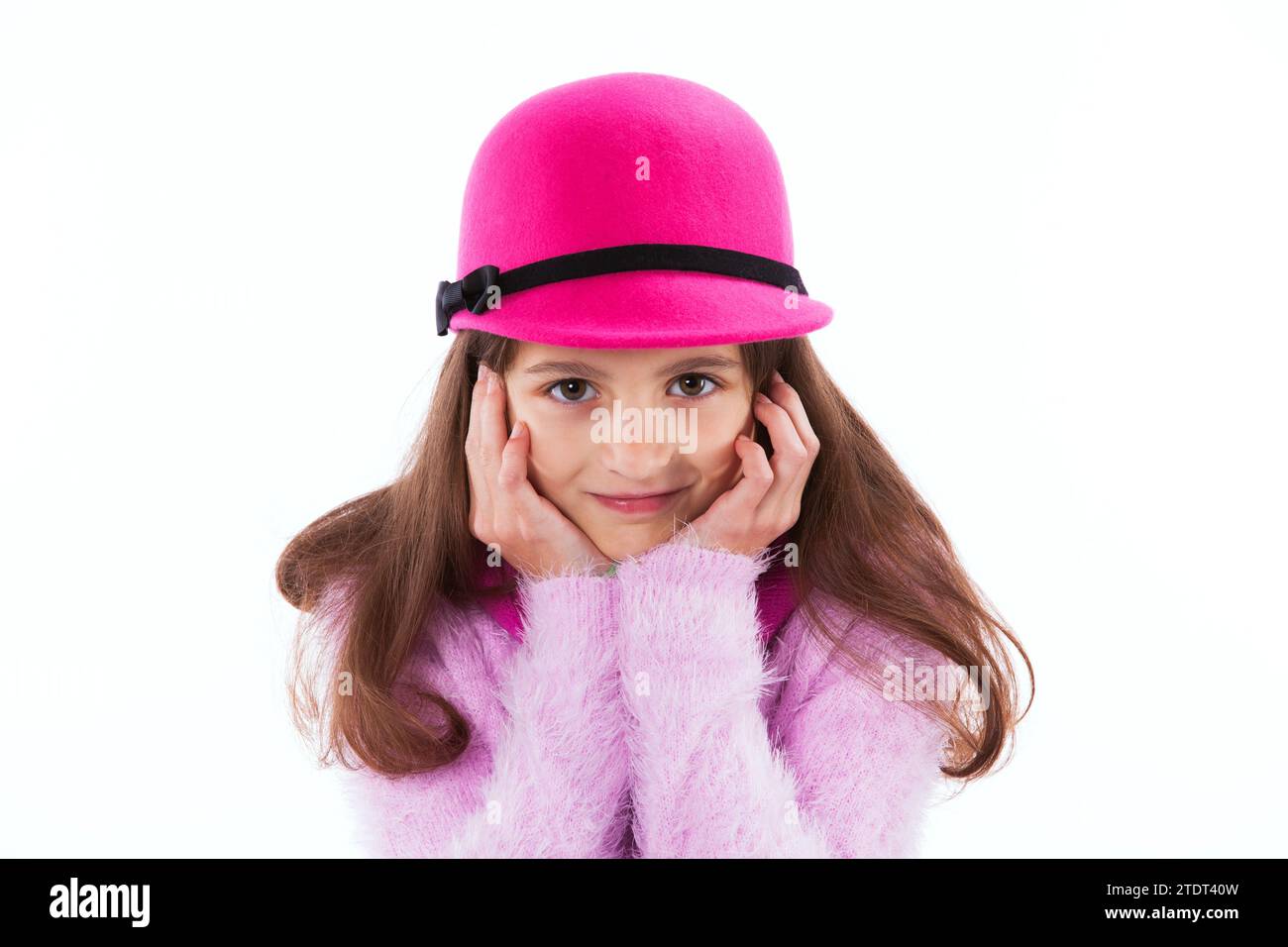 Bella bambina femmina isolata su bianco Foto Stock