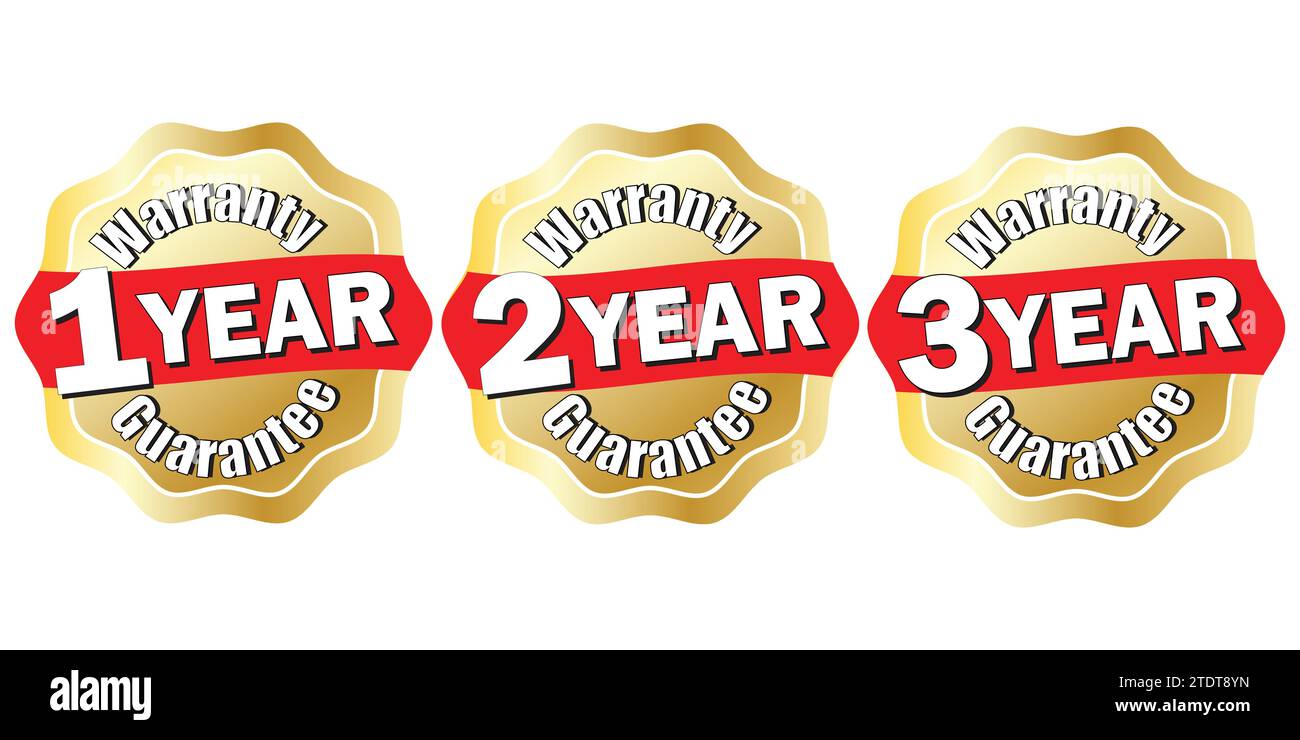 Icone di garanzia Gold, con etichette da 1, 2 e 3 anni, icona promozionale vettoriale, timbro di garanzia Illustrazione Vettoriale