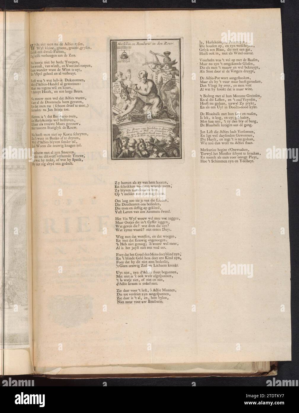 Mercurio sveglio, 1720, 1720 mercurio si risveglia sul pavimento, un diavolo con un sacco di soldi è seduto sulla schiena. Con il presente, vari astanti sulla fornitura e sul background. Sulla sinistra, l'insegna della locanda si chiama Action Koolpot. Nello spettacolo un verso di quattro righe e iscrizioni multiple in olandese. Stampato su una lamella più grande tra 3 versi ciascuno con 7 giunti di 4 linee. Stampa in The Bound prima edizione (304 B 11) della grande scena di follia con cartoni animati sul commercio eolico o di azione del 1720. Incisione/stampa su carta nei Paesi Bassi del Nord, stampa su carta da lettere Mercury si risveglia sul pavimento, a d Foto Stock