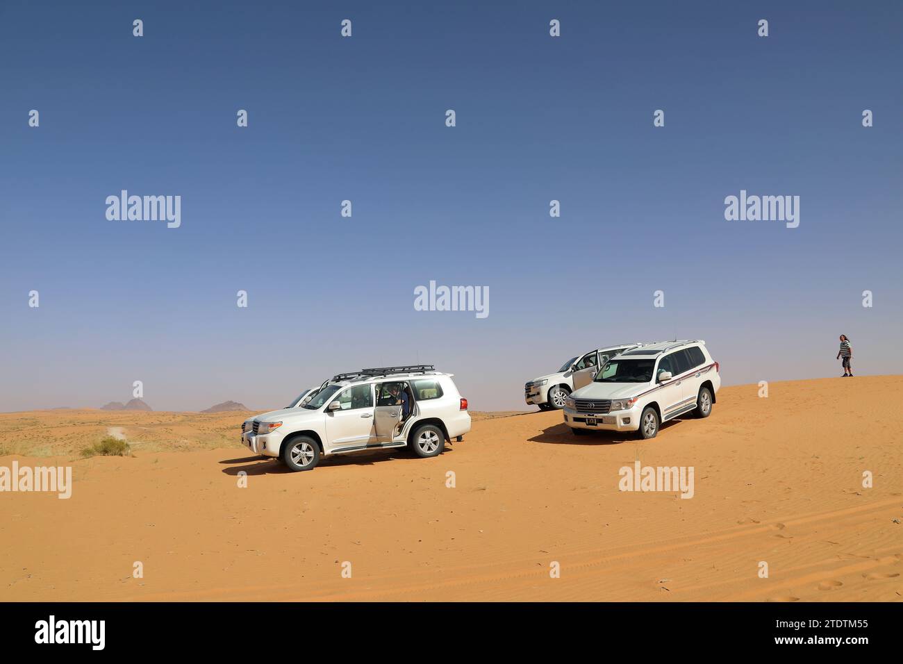 Turisti che esplorano le dune di sabbia del deserto di Nafud in Arabia Saudita Foto Stock