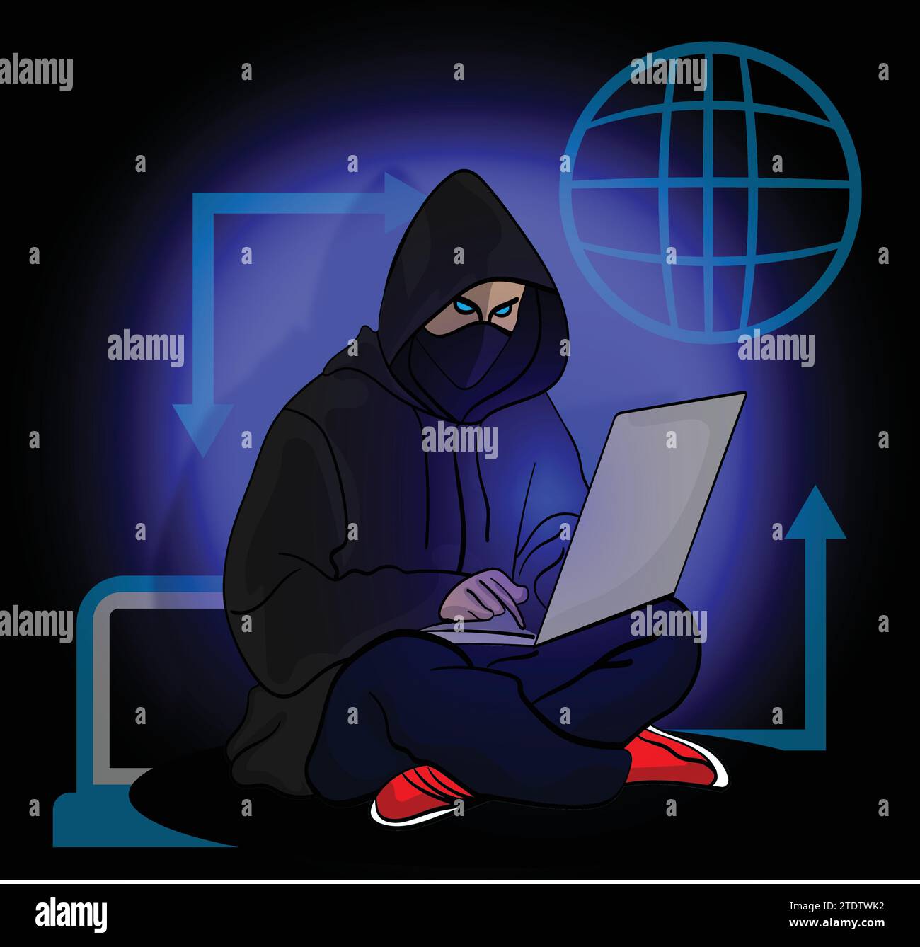 hacker seduto con il notebook sul grembo, illustrazione vettoriale Illustrazione Vettoriale