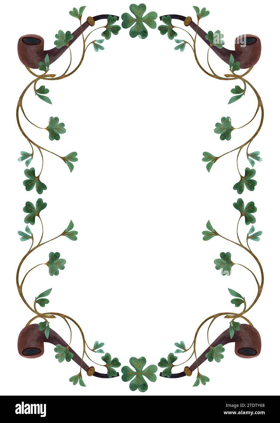 Cornice di scrofoli di trifoglio shamrock con tubi fumanti di leprechaun. Decorazione per St. Patrick's Day. Illustrazione ad acquerello isolata su sfondo bianco. Foto Stock