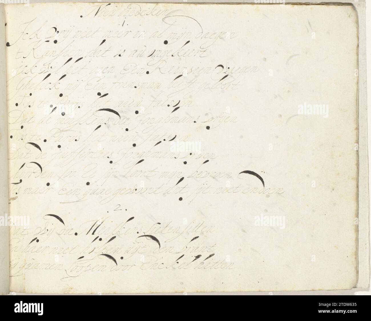 Poesia sul nuovo uso a Parigi dove le ragazze corteggiano i ragazzi (parte 1), poesia del 1650 sulla melodia di Nieu Liedeken. Carta Zwolle. Poema calligrafico a inchiostro sulla melodia di Nieu Liedeken. Carta Zwolle. calligrafia a inchiostro Foto Stock