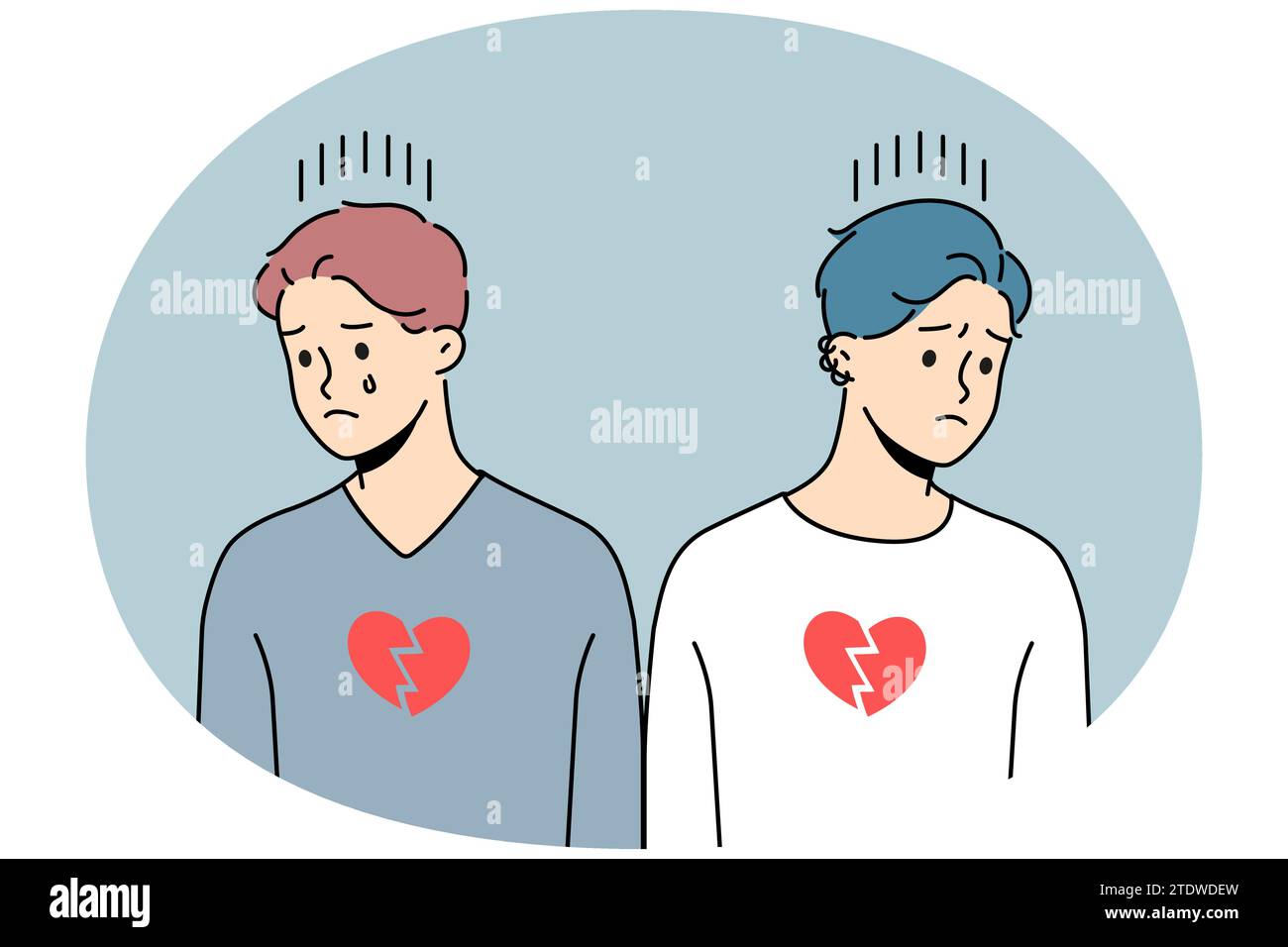 Una coppia omosessuale infelice soffre di cuori spezzati. Gli uomini sconvolti lottano con la rottura o la separazione dei rapporti. Concetto di omosessualità. Illustrazione vettoriale. Illustrazione Vettoriale