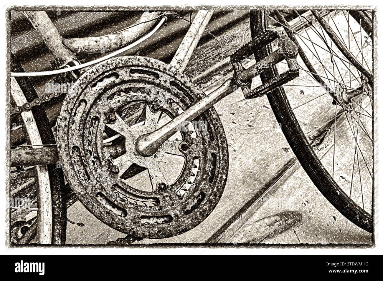 Disegno artistico di dettaglio di una bicicletta arrugginita della metà del XX secolo in un piccolo negozio sulla strada che vende oggetti d'antiquariato e d'epoca a Boone, North Carolina. Foto Stock